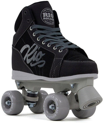 The Rio Roller Lumina Quad Roller Skates - Black / Grey, made by Rio Roller, boast a sleek black PVC leather boot complemented by grey wheels and sturdy nylon trucks.