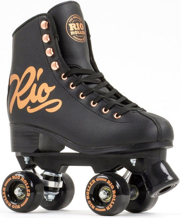 The Rio Roller Rose Quad Roller Skates in Rose Black feature a classic high-top design highlighted by a striking black color with orange "Rio" branding and gold eyelets. These eco-friendly skates also come with black wheels adorned with orange accents, labeled as "Rio Roller," and are finished off with black laces, seamlessly blending sustainability with style.