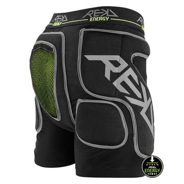 Black REKD Energy Impact Skate Protection Shorts feature gray accents, a green mesh ventilation panel, and a coccyx bone protector. "REKD Energy" branding is prominently displayed on the waistband and leg, while a circular logo at the bottom right corner provides additional product details for these shorts.