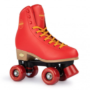 The eye-catching Rookie Classic 78 Quad Roller Skates - Red by Rookie showcase vivid red quad skates with contrasting yellow laces, sleek red wheels, and a robust black base. Additionally, they are vegan-friendly!
