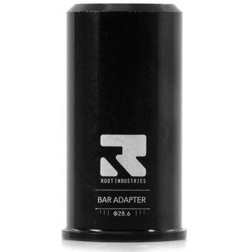 The Root Industries SCS Stunt Scooter Bar Adapter - Standard Sized is a black metal adapter designed for IHC compression. It features the "Root Industries" logo and text, with a cylindrical shape, flat base, and precise 28.6 diameter markings that align perfectly with any SCS Stunt Scooter Bar setup.