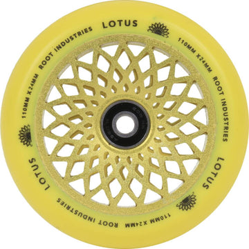 The Root Industries Lotus 110mm Scooter Wheel in Radiant Yellow showcases an intricate floral cutout design on its metal lotus core, making it ideal for freestyle scootering.