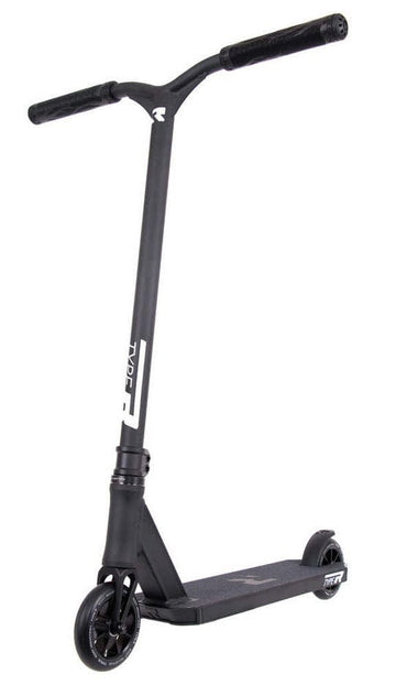 Introducing the Root Industries Type R Complete Stunt Scooter in Black, featuring a minimalist and modern design. This scooter boasts a sturdy frame with two wheels, rubber grip straight handlebars, and a textured deck surface for improved traction.