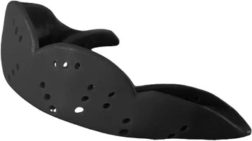 A charcoal black SISU Next Gen Aero Protection Mouthguard, featuring advanced Diffusix™ technology and multiple ventilation holes for essential protection, is displayed against a dark background.