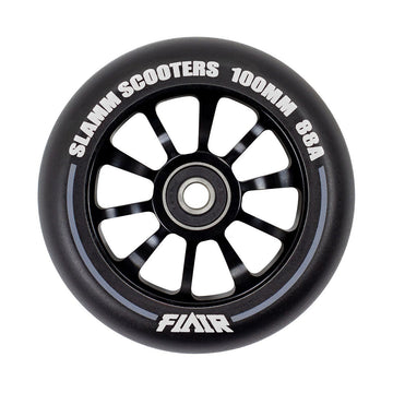 Introducing the Slamm Flair 2.0 100mm Stunt Scooter Wheel in black, featuring white text and equipped with high-performance ABEC-9 bearings.