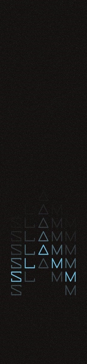 A vertical black background showcases geometric shapes and letters in light blue, forming abstract patterns reminiscent of the high-quality Slamm Stunt Scooter Griptape - Pyramid. The triangles and lines are arranged to create unique designs, providing an eye-catching sense of grip.