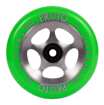 The Proto Sliders Starbright 110mm Stunt Scooter Wheel in green, crafted by Proto, boasts a striking Starbright design with a raw metal core featuring five spokes and a black center detail. Engineered for speed and durability, its high-quality urethane promises long-lasting performance.