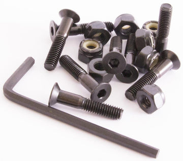 A set of Sushi Skateboard Allen Truck Bolts, 7/8" in black, along with nuts and an Allen wrench, rests on a white background.