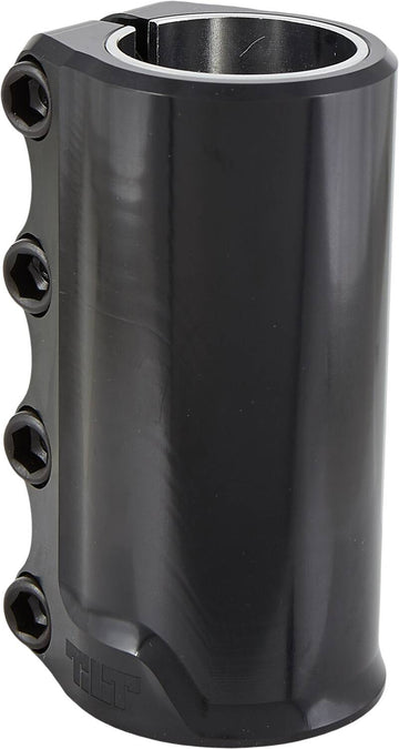 The Tilt Rigid 4 Bolt SCS Stunt Scooter Clamp by Tilt features a sleek black design, crafted from lightweight forged 6061 T6 aluminum. It is adorned with four hex bolts along the side and has "Tilt" elegantly embossed at the bottom. Its smooth, glossy finish enhances both style and performance.