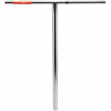 A chrome Tilt Stage I Steel Standard SCS Stunt Scooter handlebar, measuring 700mm by 610mm, features a T-shaped design crafted from 4130 Chromoly Steel. It showcases a horizontal bar and a vertical stem against a plain white background. An orange label from the brand Tilt adds an elegant touch to its polished finish near the top, enhancing its sleek design.
