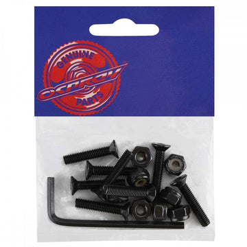 A package of Osprey Skateboard Allen Truck Bolts - 1" Black, featuring screws, nuts, and an L-shaped hex key on a white background—perfect for skateboards.