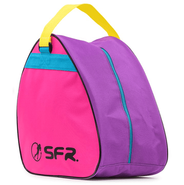 Introducing the SFR Vision Skate Bag - Tropical, a stylish skate bag featuring a pink front, purple sides, and a yellow handle. It includes a turquoise zipper with the "SFR" logo in black emblazoned on the pink panel, perfect for carrying your skates in style.