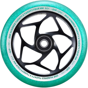 Introducing the Blunt Envy 120mm GAP Core Stunt Scooter Wheel in black and jade, featuring an intricate spoked hub design. The text on the wheel boasts "ONE HUNDRED TWENTY FOUR MM 86A" and "GAP CORE." Perfect for Blunt Envy stunt scooters, it delivers excellent performance with ABEC 9 bearings.