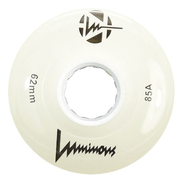 A white Luminous LED 85A Quad Roller Skate Wheel, 62mm, features "Luminous" branding, "62 mm," "85A durometer," and a black logo printed on it.