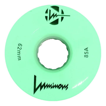 A white Luminous LED 85A Quad Roller Skate Wheel, 62mm in size, featuring a central mounting hole and "Luminous" branding printed on the surface.