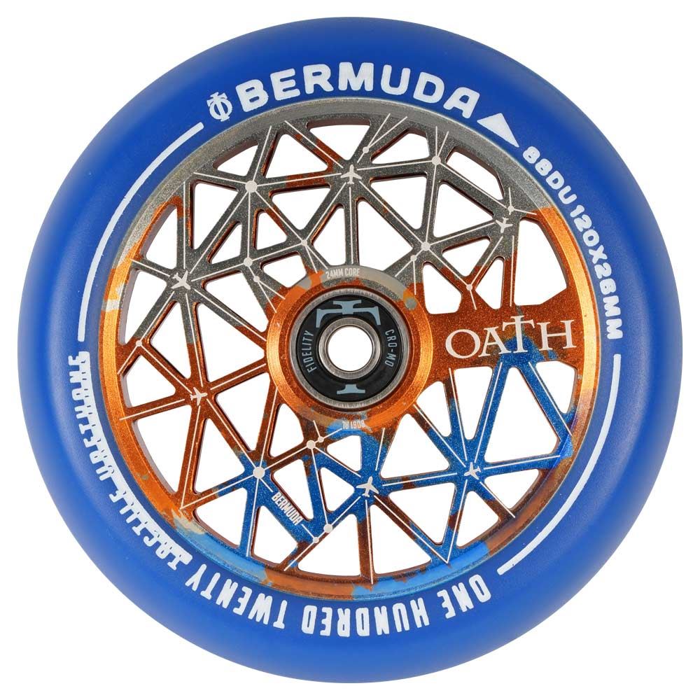 An image of Oath Bermuda 120mm Scooter Wheel - Orange / Blue / Titanium