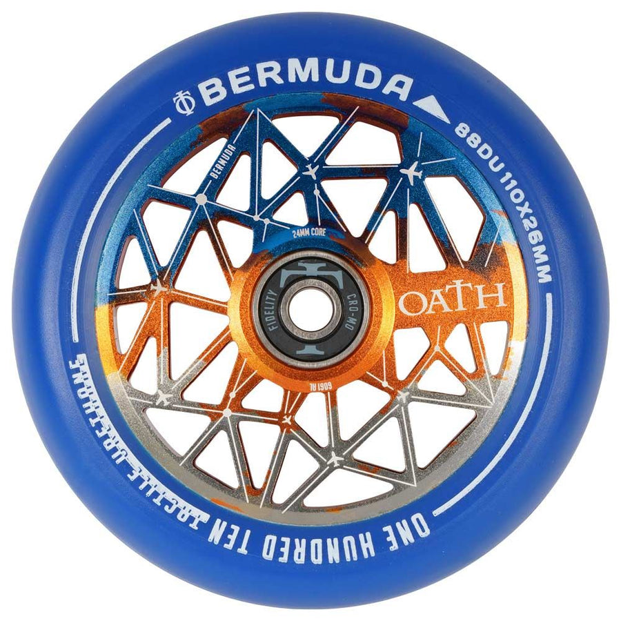 An image of Oath Bermuda 110mm Scooter Wheel - Orange / Blue / Titanium