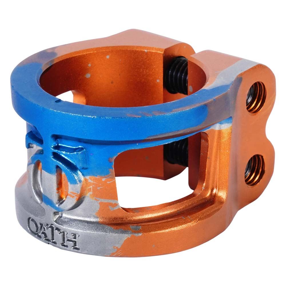 An image of Oath Cage V2 Double Scooter Clamp – Orange / Blue / Titanium