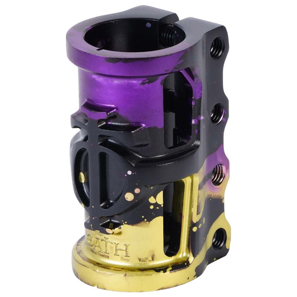An image of Oath Cage V2 SCS Scooter Clamp – Black / Purple / Yellow