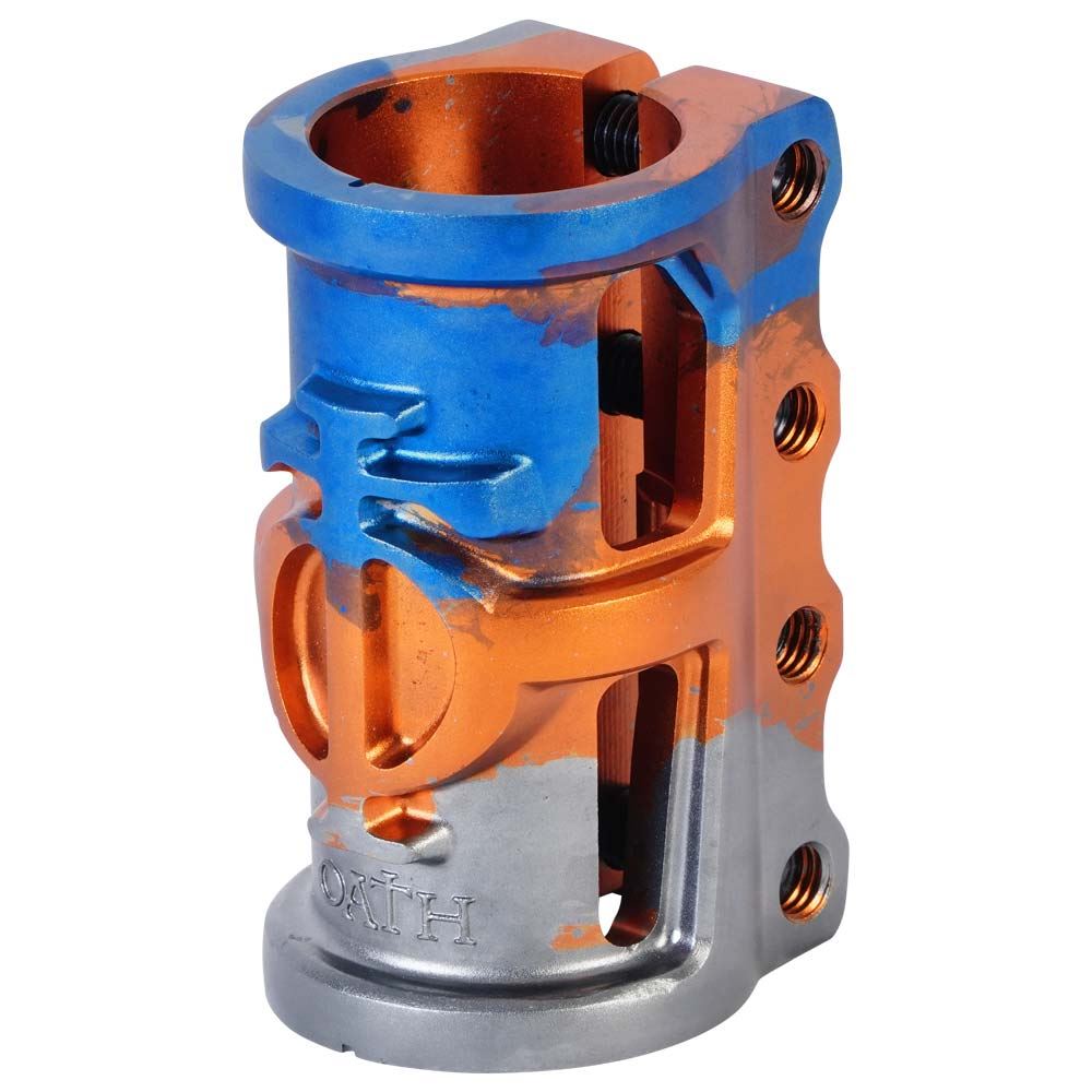 An image of Oath Cage V2 SCS Scooter Clamp – Orange / Blue / Titanium
