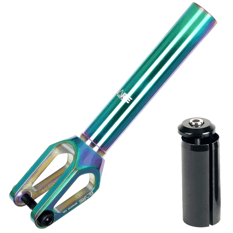 An image of Dare Dimension IHC Scooter Forks - Neochrome Oil Slick