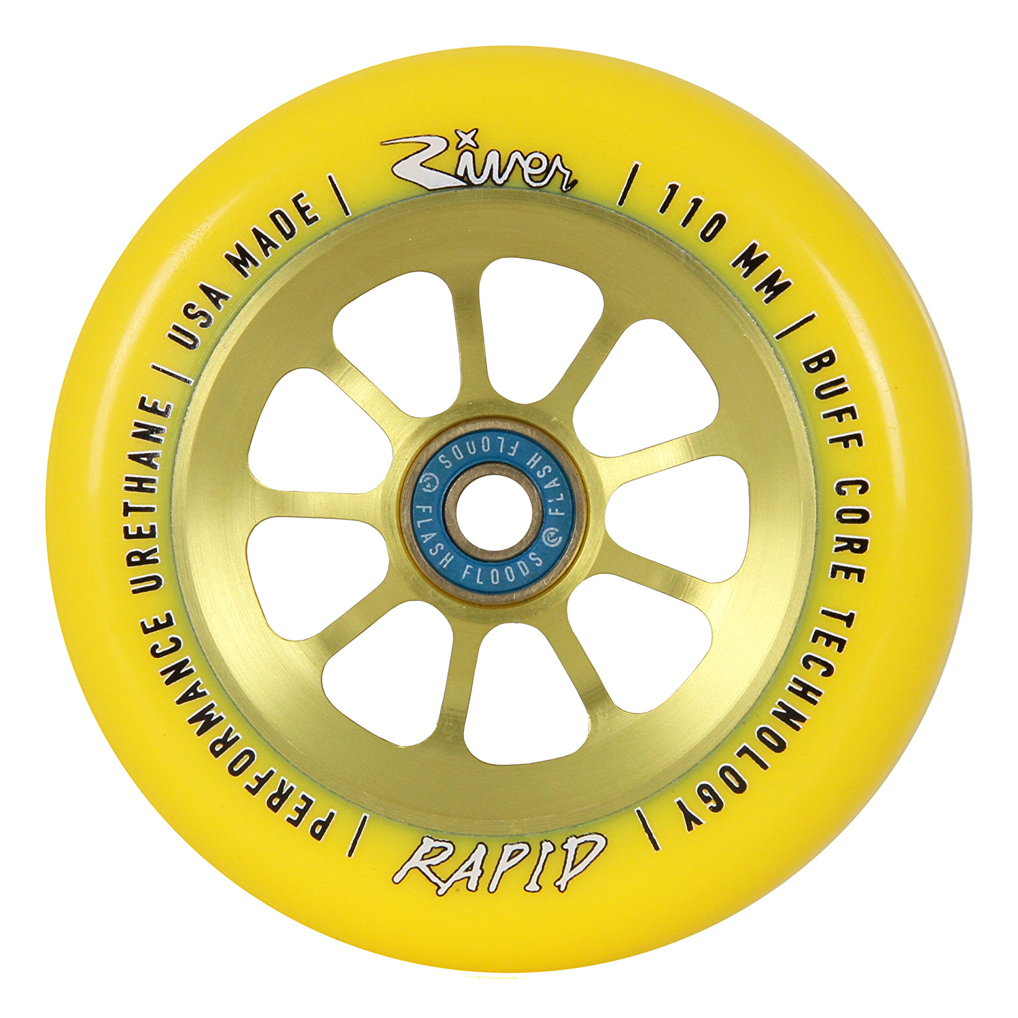An image of River Glide Sunrise Yellow 110mm Metal Core Scooter Wheel inc Bearings