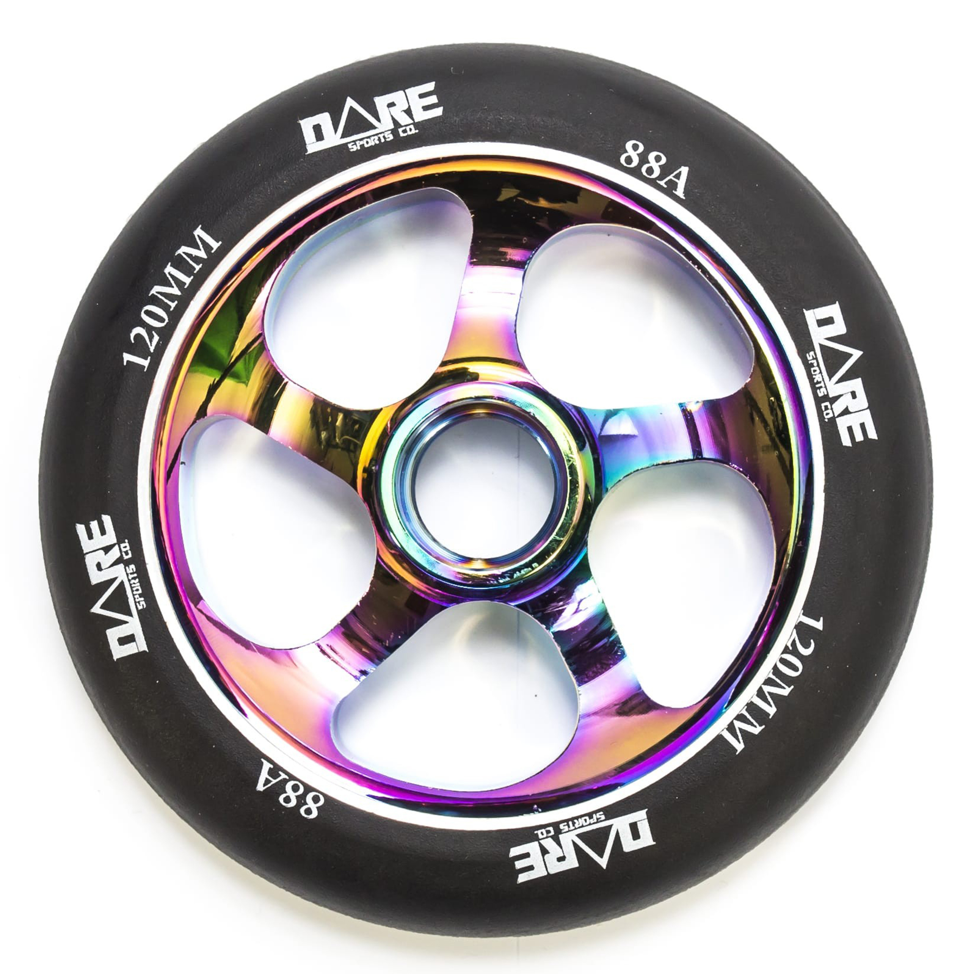 An image of Dare Sports 120mm Metal Core Wheel Black Neochrome Rainbow Oil Slick