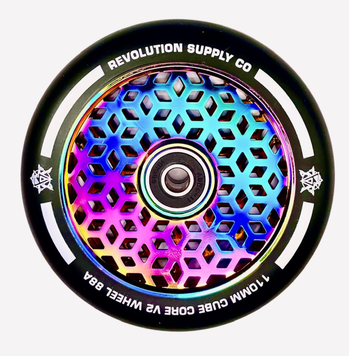 An image of Revolution Supply Cubed Core Ultralite 110mm Scooter Wheel - Neochrome Rainbow