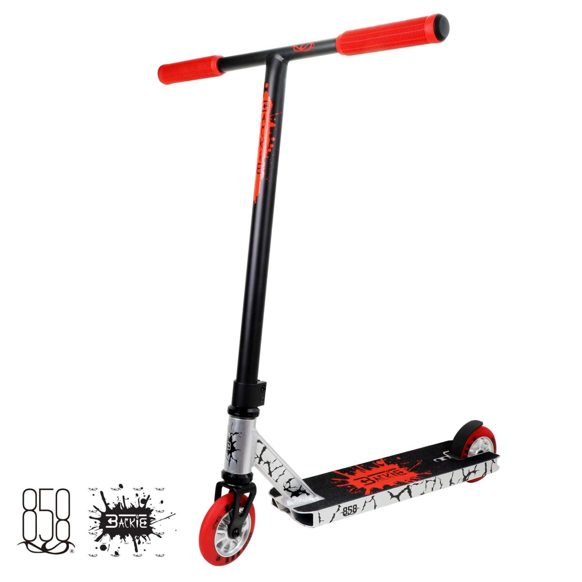 An image of Ride 858 Backie Red Silver Stunt Scooter