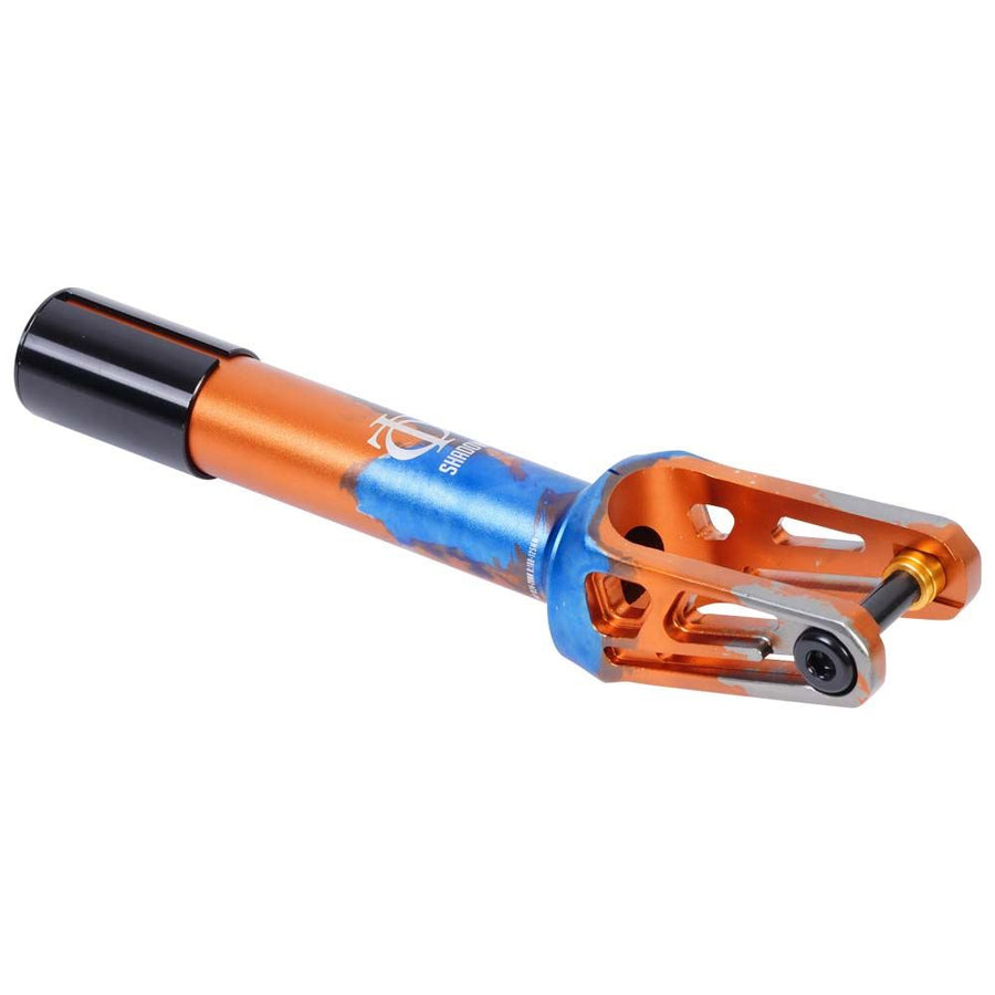 An image of Oath Shadow SCS/HIC Scooter Fork - Orange / Blue / Titanium
