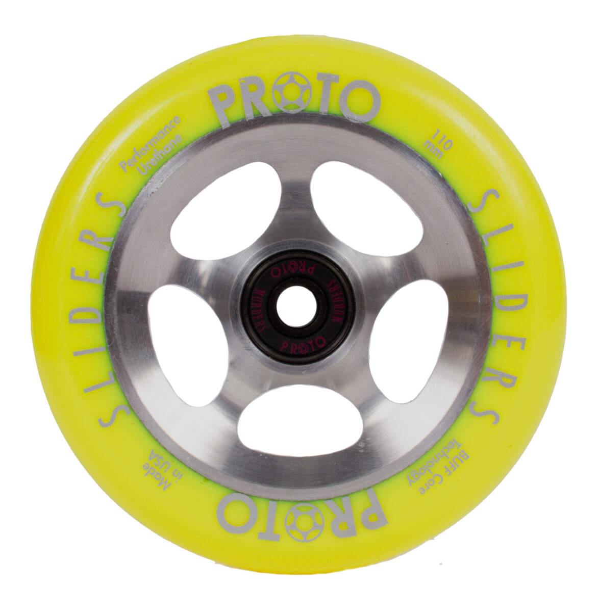 An image of Proto Sliders Starbright 110mm Pro Scooter Wheel - Yellow / Raw