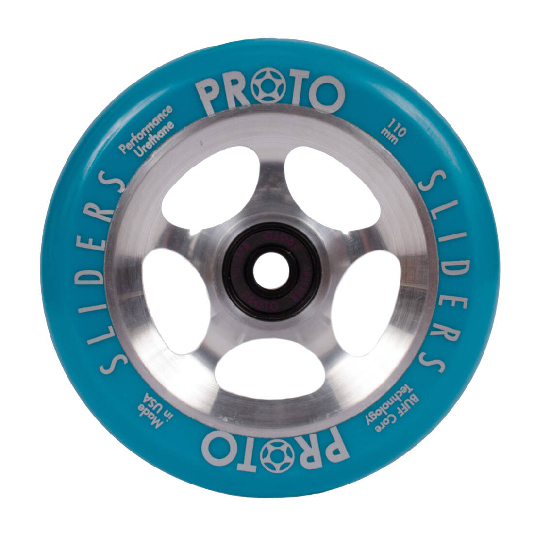 An image of Proto Sliders Starbright 110mm Pro Scooter Wheel - Blue / Raw