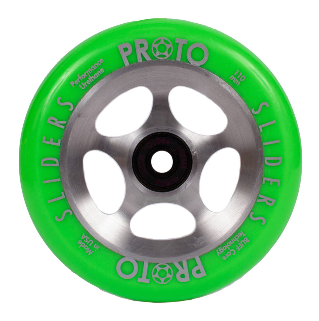 An image of Proto Sliders Starbright 110mm Pro Scooter Wheel - Green / Raw