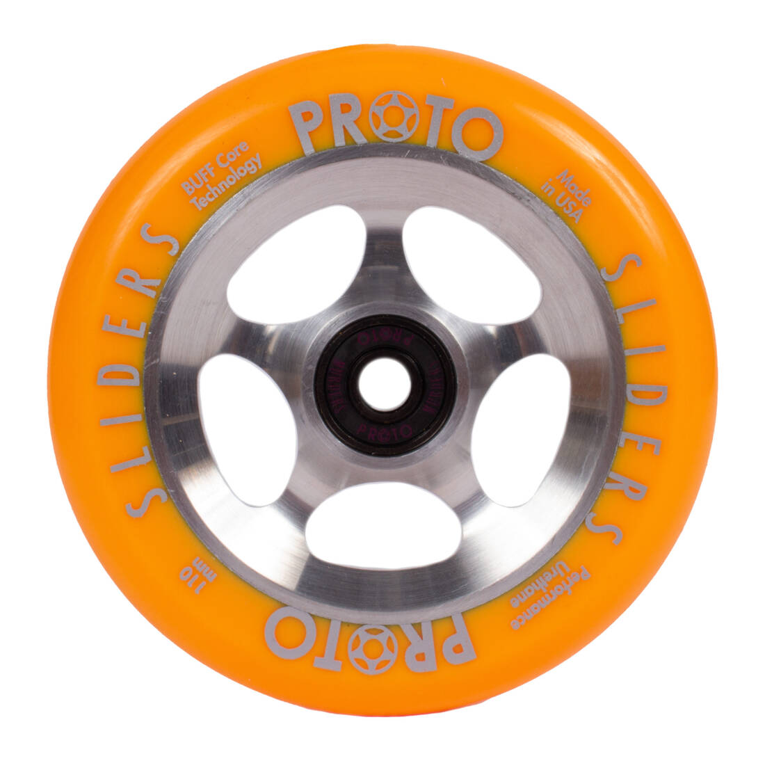 An image of Proto Sliders Starbright 110mm Pro Scooter Wheel - Orange / Raw
