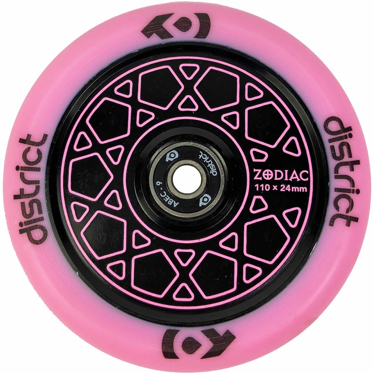 An image of District Zodiac Black Pink Stunt Scooter Wheels - 110mm