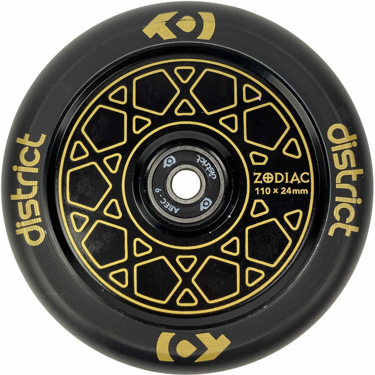 An image of District Zodiac Black Gold Stunt Scooter Wheels - 110mm